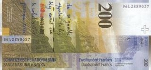 CHF швейцарский франк 200 швейцарских франков - оборотная сторона